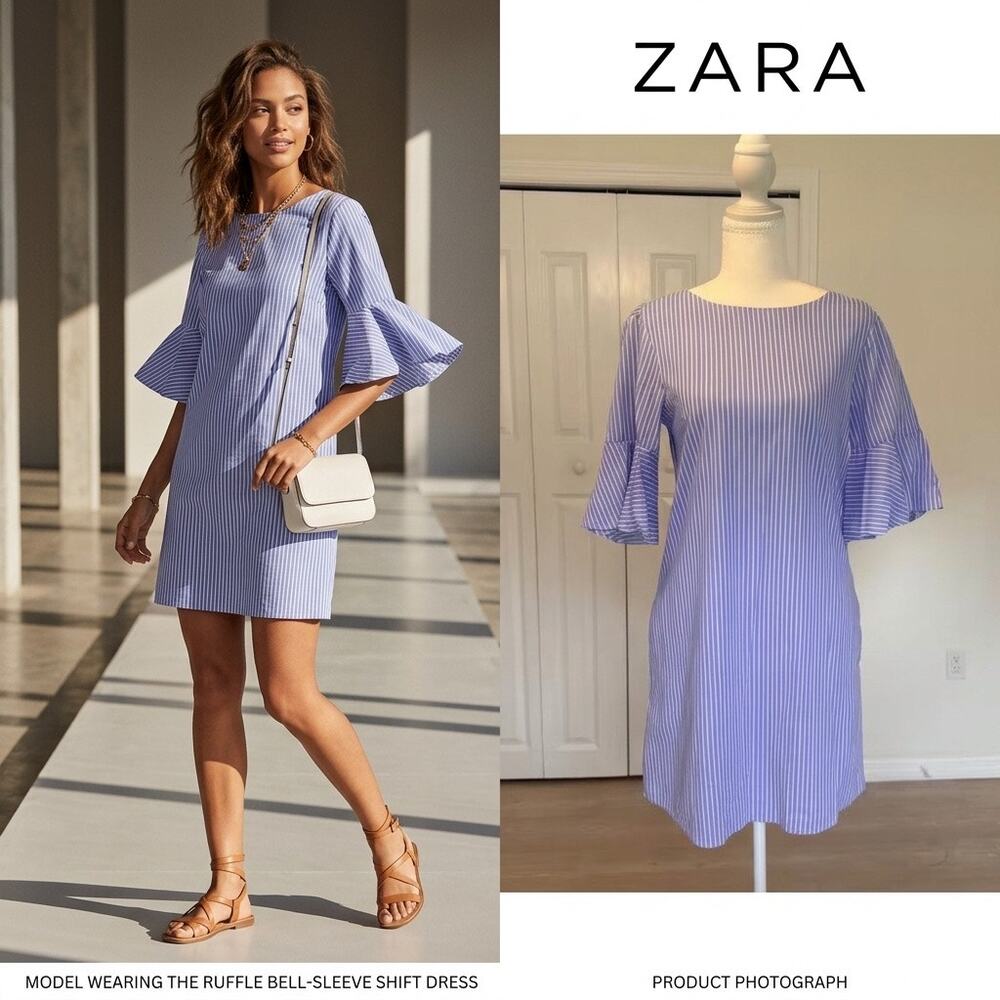 Zara Blue & White Striped Ruffle Bell Sleeve Shift Dress Size XS